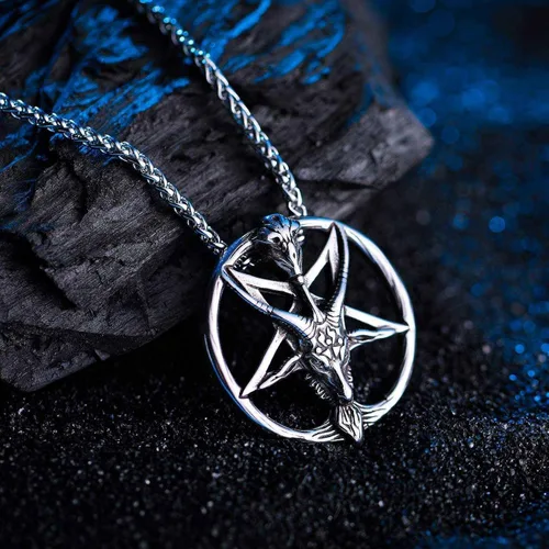 Vista 2 de BTNBTGB Collar del templo satánico con cabeza de cabra, pentagrama invertido, pentáculo de acero inoxidable, collar de baphomet con dije, cadena