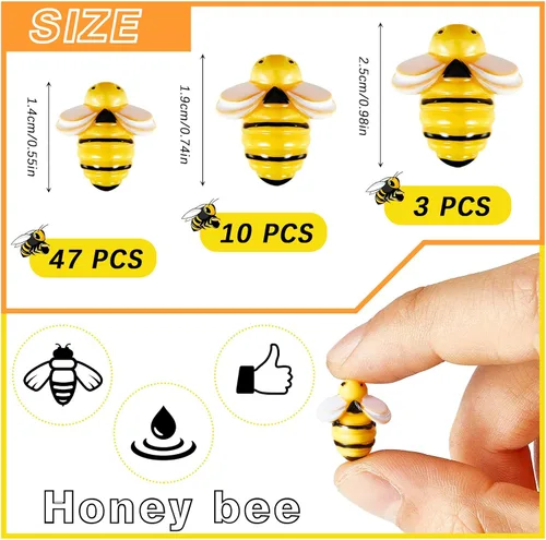 Vista 2 de Jetec 60 abejas pequeñas de resina para manualidades, 3 tamaños, mini adornos de abejas de jardín de plástico para decoración de fiestas temáticas