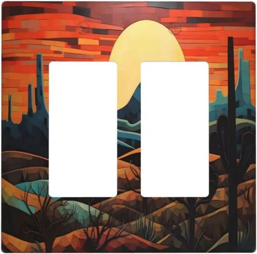 Vista 38 de Cubiertas de Salida Decorativas Boho Midcetury Oro Paisaje de Montaña del Sol 1 Banda Cubierta de Placa de Pared Receptáculo Interruptor de Luz