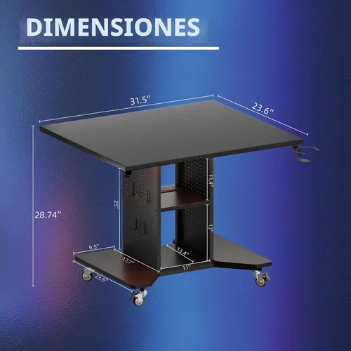 Vista 3 de Pamray Escritorio pequeño con ruedas para juegos con luces LED, tomas de corriente y tablero de clavijas de almacenamiento, mesa compacta para Negro
