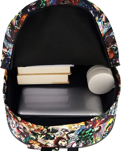 Vista 5 de Roffatide Mochila de dibujos animados de anime para mujeres y hombres, mochila estampada de 15.6 pulgadas, mochila para laptop, cosplay, color negro