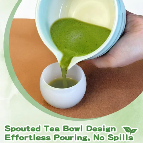Vista 4 de Juego de batidor de matcha, 7 piezas de batidor de cerámica matcha, cuenco con boquilla, soporte, tamiz inoxidable, cuchara de bambú y toalla de té