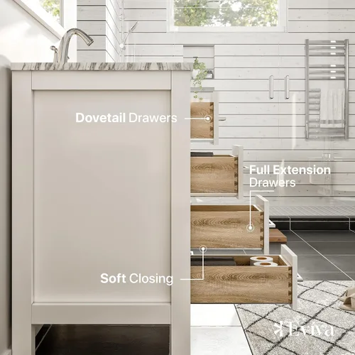 Vista 4 de Eviva Combo de tocador y lavabo de baño con acabado blanco de 36 pulgadas, tocadores de baño blancos de madera maciza de 36 pulgadas con parte