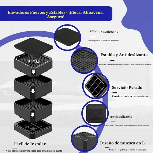Vista 3 de Elevadores de cama de alta resistencia, bloques elevadores de muebles ajustables de 1.5, 3, 4.3 pulgadas para patas de sofá, mesa, escritorio Negro