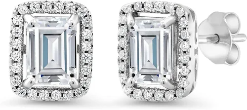 Vista 25 de Gem Stone King Aretes de plata de ley 925 con piedra natal Corte esmeralda de 0.315 x 0.236 in Aretes de halo para mujer