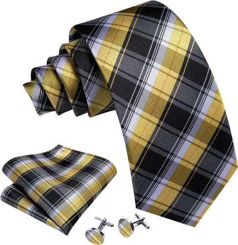 Vista 53 de Barry.Wang Juego de corbatas a cuadros para hombre con pañuelo gemelos de rayas clásicas