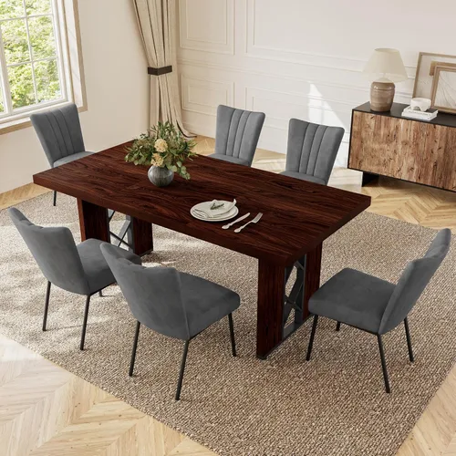 Vista 13 de HIPIHOM Mesa de comedor de granja de 70.8 pulgadas para 6 personas, mesa de cocina rectangular grande con patas resistentes, muebles de comedor