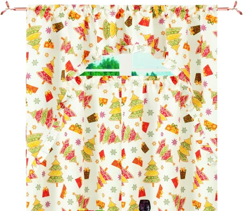 Vista 12 de Violet Linen Juego de cortinas de cocina de 3 piezas con estampado botánico botánico de Navidad