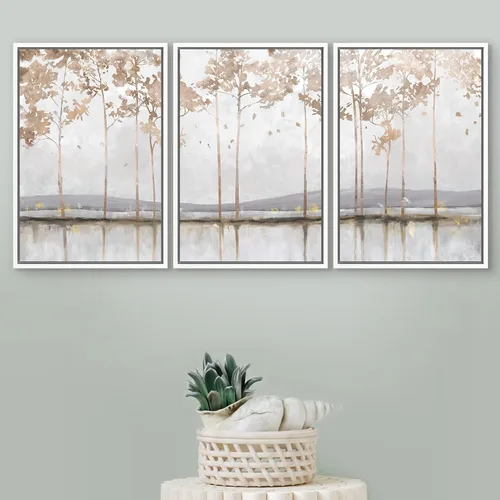 Vista 194 de SIGNFORD - Set de obras de arte en lienzo enmarcado para pared, ilustraciones abstractas de neblina del desierto en tonos neutros beige y marrón