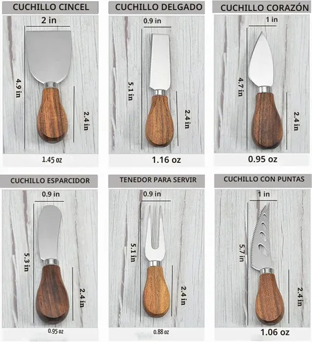 Vista 4 de Cuchillos de queso con cortador de queso, tenedor de queso, cuchillo para untar queso para tablas de embutidos y cubiertos, juego de 6 cuchillos