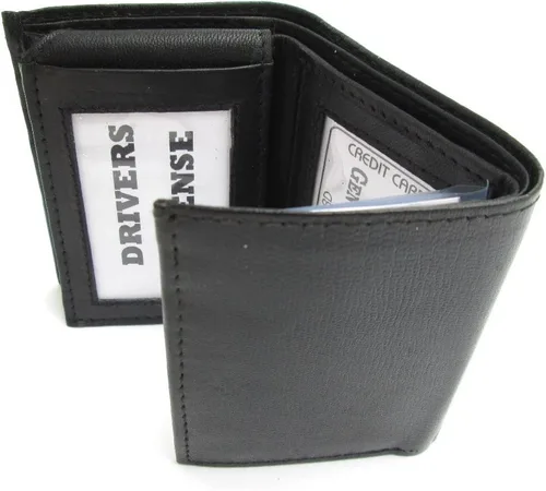 Vista 3 de Billetera de cuero negro para hombre piel de cordero "Flip" Trifold 732, Negro