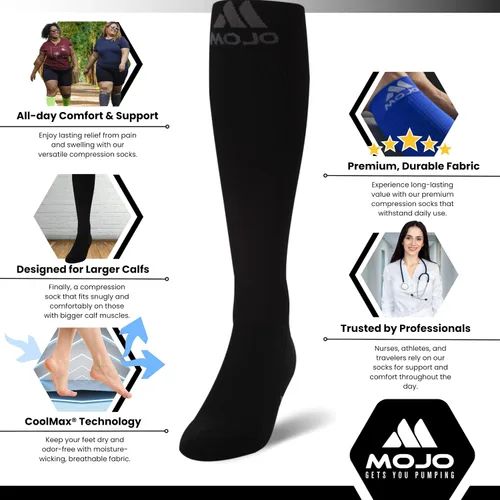 Vista 3 de Calcetines de compresión Mojo - Cómodo material Coolmax para recuperación y rendimiento. Calcetines de soporte médico - Soporte mediano, Medias