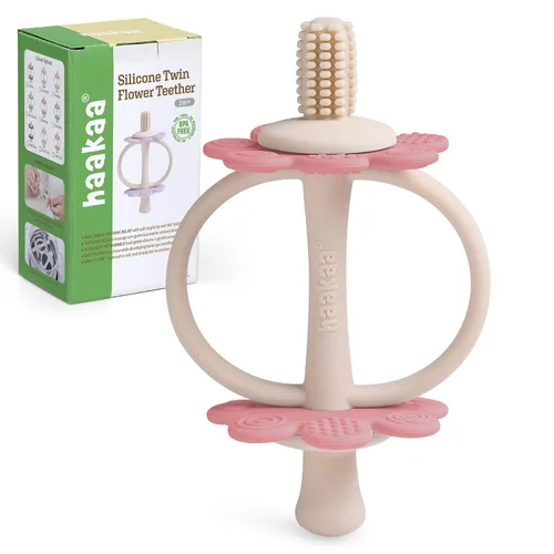 Vista 14 de juguetes de dentición de silicona para bebés haakaa, extremo con forma de pezón para masaje de encías, cabeza de cepillo de dientes de 360°
