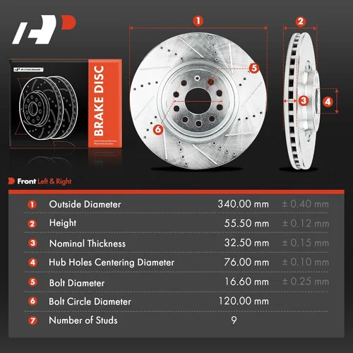Vista 5 de A-Premium Rotores de freno de disco perforados y ranurados delanteros de 13.39 pulgadas (13.386 in) compatibles con los modelos Volkswagen y Audi