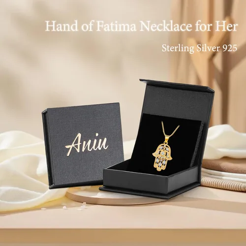 Vista 24 de Aniu Joyería de plata de ley 925 Hamsa de Fátima para mujer con circonita cúbica, viene con caja de regalo negra