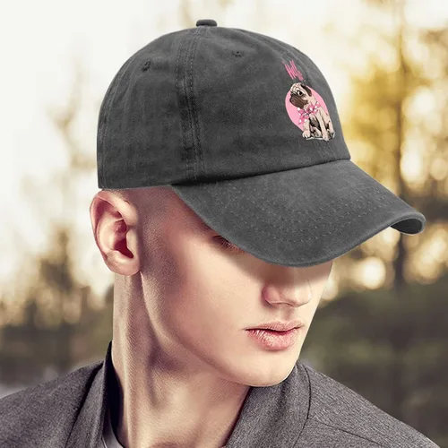 Vista 4 de Gorras de béisbol con diseño de perro carlino y papá, sombreros de mezclilla vintage ajustables