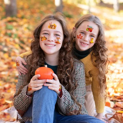 Vista 7 de HOWAF 96 tatuajes temporales de otoño para niños, tatuajes faciales de cosecha de otoño para bienvenida, otoño, hola, suministros de decoración