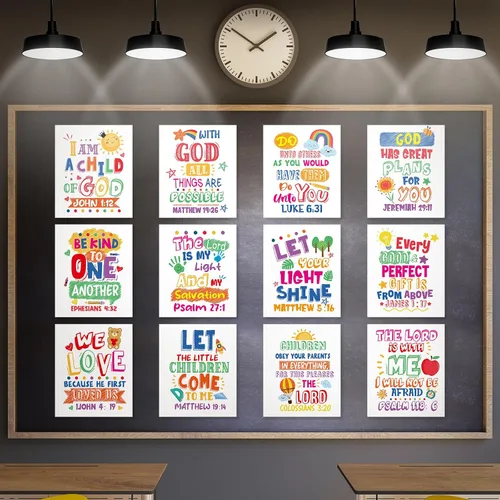 Vista 10 de Cinrobiye 12 carteles con versículo bíblico para niños, arte de pared cristiano inspirador con citas de las Escrituras, decoración religiosa