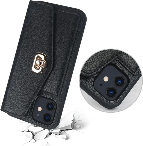 Vista 5 de LUVI Funda compatible con iPhone 13 con tarjetero para mujer con correa cruzada para el cuello, cordón, bolso de mano, correa de hombro de piel