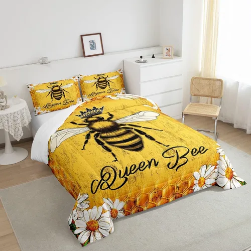Vista 4 de Erosebridal Juego de edredón vintage de abeja para mujer, juego de ropa de cama rústica de margaritas tamaño individual, relleno de edredón de abeja