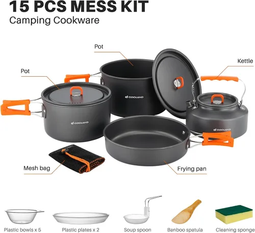 Vista 4 de Odoland 15pcs Camping Cookware Non-Stick Lightweight Camping Pots and Pans Set with Kettle Plastic Plates Bowls Soup Spoon for Camping, Backpacking