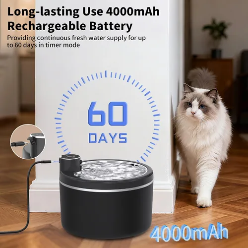 Vista 3 de Fuente de agua para gatos inalámbrica, 108 oz/3L, fuentes para mascotas para gatos de interior con bandeja de acero inoxidable, fuente de agua