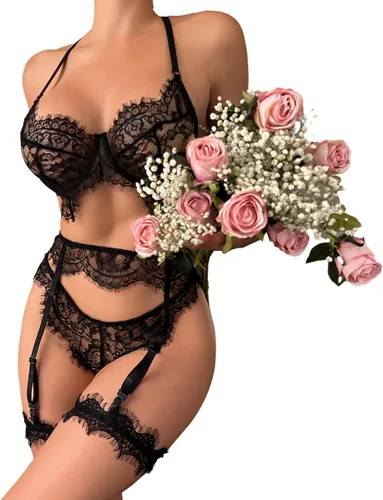 Vista 4 de Lilosy Conjunto de lencería transparente con lazo de liguero inalámbrico para mujer, 3 piezas