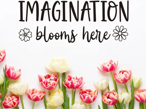 Vista 4 de Imagination Blooms Here - Calcomanía de pared de vinilo inspiradora para pared de niños, decoración de aula
