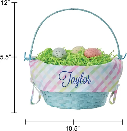 Vista 3 de Cesta de huevo de Pascua personalizada con asa y nombre personalizado en escritura azul marino Forro de canasta de Pascua multicolor Cesta azul