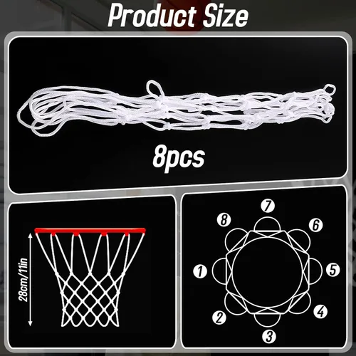 Vista 7 de 8 piezas de mini redes de baloncesto de repuesto para llantas de baloncesto de 8 a 10.25 pulgadas, red de aro de baloncesto pequeña de nailon