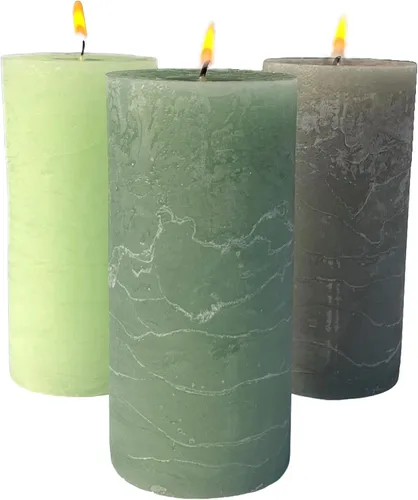 Vista 9 de Juego de velas de pilar de 3 piezas, cera de parafina, 68 horas de tiempo de combustión, mecha de algodón, tonos de ámbar jaspeado, marrón rústico
