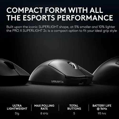 Vista 2 de Logitech G PRO X Superlight 2c Mouse inalámbrico para juegos, 1.80 oz de grado profesional compacto con 5 botones programables, carga USB-C, sensor