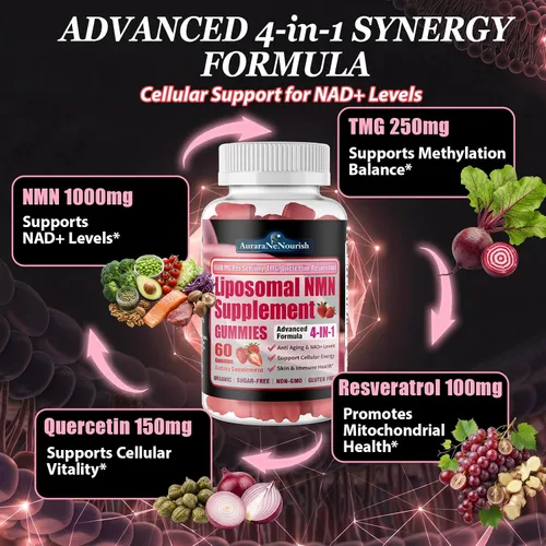 Vista 2 de Suplemento NMN de 1000 mg, gomitas liposomales de NMN 4 en 1 con resveratrol, quercetina y TMG para niveles de NAD+, alternativa a NMNH, apoya