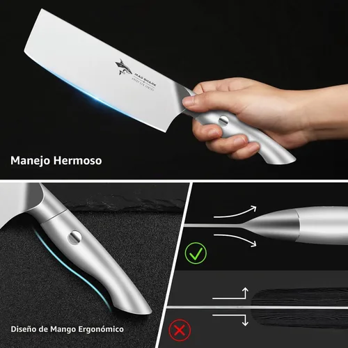 Vista 6 de MAD SHARK Cuchillo Nakiri de 7 pulgadas, cuchillo alemán ultra afilado de acero inoxidable para verduras, mango ergonómico, cuchillo de cocina