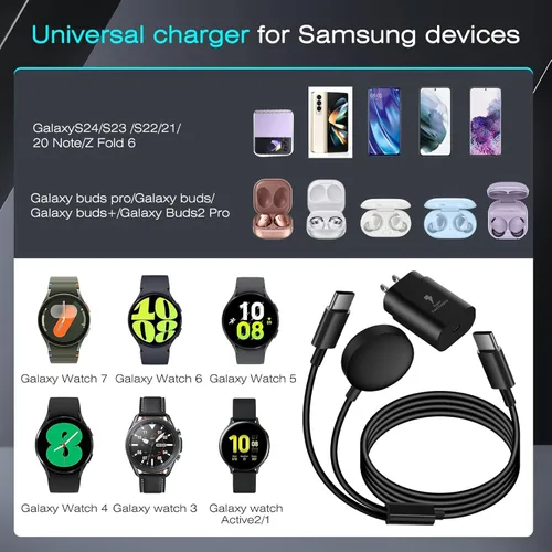 Vista 2 de DuoCaiBao Cargador de reloj Galaxy compatible con Galaxy Watch 8/7/6/6 Classic/5 Pro/5/4 Classic/3 Active2/1, cable de carga rápida USB C 2 en 1