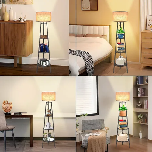 Vista 5 de ZQQLITE 2 lámparas de pie negras con estantes para sala de estar, lámpara de pie, lámpara alta, Amparas elegantes para sala con pantalla de lino