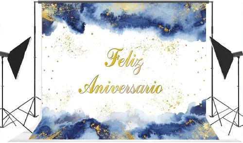 Vista 4 de Lofaris Telón de fondo de feliz aniversario, decoración de fiesta de feliz aniversario, nubes de acuarela azul rubor, purpurina dorada, fondo
