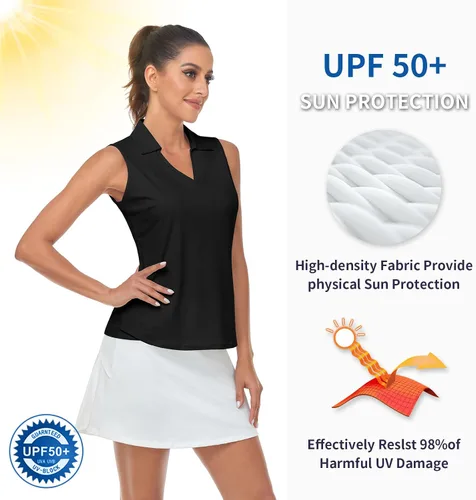 Vista 3 de Soneven Camisas de golf sin mangas con estampado que absorbe la humedad, cuello en V, camisas polo de golf con espalda cruzada