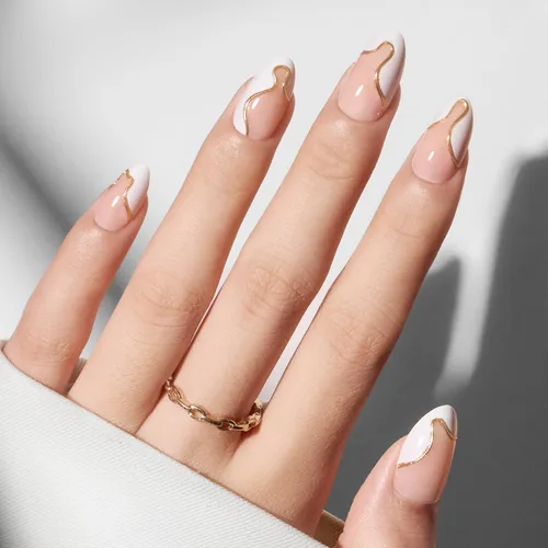 Vista 32 de Modelones Uñas postizas a presión con punta francesa de almendra, uñas postizas cortas de almendra para mujer, kit de uñas reutilizables