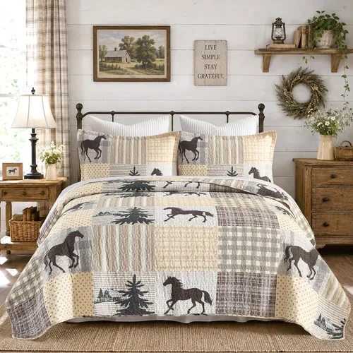 Vista 16 de Juego de edredón 100% algodón, tamaño Queen, juego de ropa de cama de retazos marrón y blanco, colcha rústica con patrón de oso de cabaña, colcha