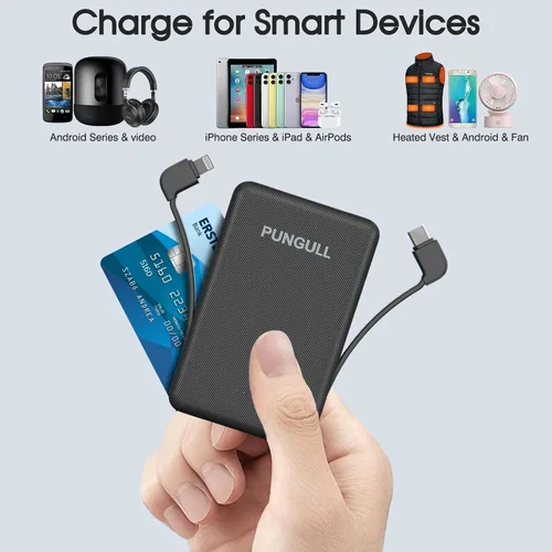 Vista 13 de Cargador portátil delgado de 5000 mAh – Mini banco de energía compacto pequeño cable integrado lindo teléfono celular celular batería externa 5V