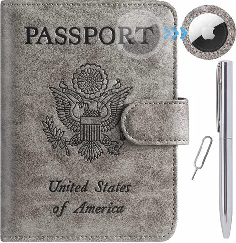 Vista 10 de Funda para pasaporte, cartera con bloqueo RFID, funda de piel para tarjetas, accesorios de viaje para mujeres y hombres, negro