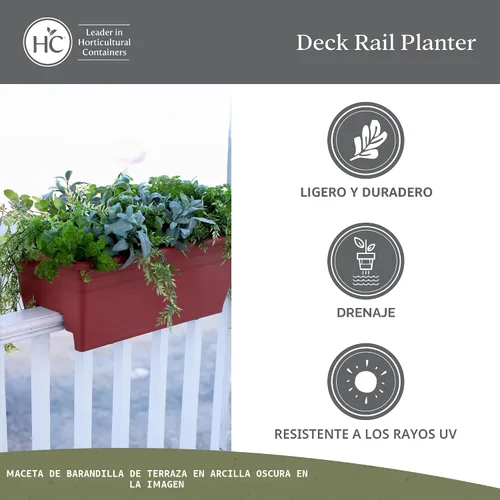 Vista 4 de The HC Companies Caja de Plantación para Barandilla de Cubierta con Tapones de Drenaje Removibles - Caja de Flores de Plástico Liviana y Resistente