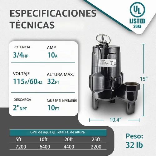 Vista 6 de WASSERMANN Bomba de aguas residuales de 3/4 HP de descarga de 2 pulgadas con interruptor de flotador automático, bomba de alcantarillado sumergible