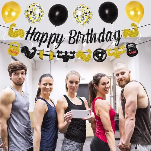 Vista 6 de Decoraciones de fiesta de cumpleaños para gimnasio, decoraciones de fiesta temática de fitness negro y dorado para hombres, suministros de fiesta