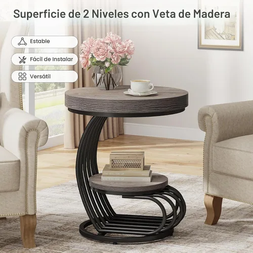 Vista 4 de Tribesigns Mesa auxiliar redonda, mesa auxiliar de madera de estilo granja de 2 niveles con estante de almacenamiento, pequeña mesa auxiliar