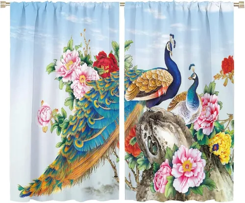 Vista 34 de Cortinas opacas de pavo real, hermoso patrón de estampado de flores de pavo real azul, estampado de mariposas y pavo real, juego de 2 paneles