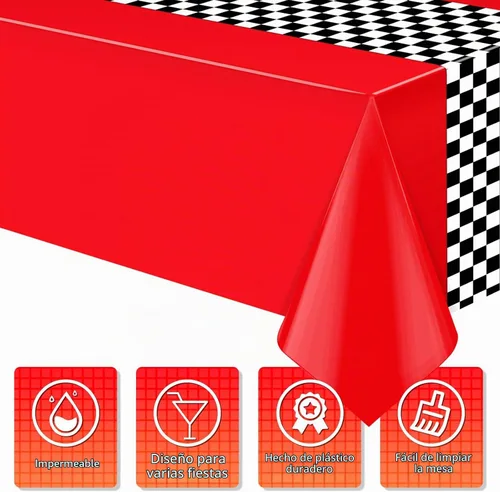 Vista 3 de Paquete de 3 manteles de plástico de auto de carreras, mantel desechable a cuadros rojos y negros, mantel rectangular a cuadros de búfalo
