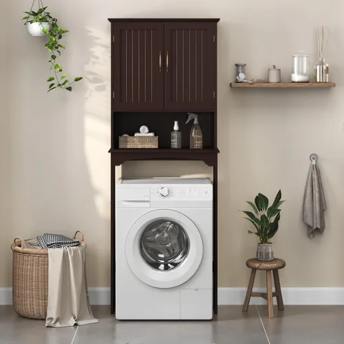Vista 4 de Yaheetech Almacenamiento sobre el inodoro con 2 puertas y estante ajustable, estante de inodoro independiente de madera que ahorra espacio, gabinete