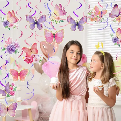 Vista 7 de Pajean 30 piezas de decoraciones de fiesta de mariposas en acuarela púrpura mariposa colgantes decoraciones de remolinos temáticos de verano